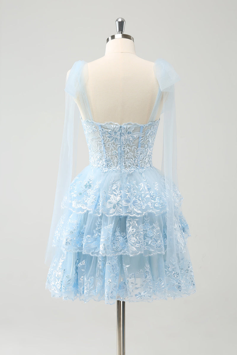 Load image into Gallery viewer, Glitter Blue A Line Embroidery Tiered Homecoming Dress with Appliques