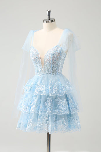 Glitter Blue A Line Embroidery Tiered Homecoming Dress with Appliques