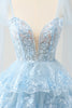 Load image into Gallery viewer, Glitter Blue A Line Embroidery Tiered Homecoming Dress with Appliques