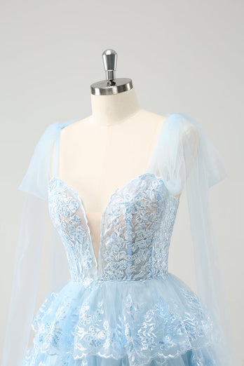 Glitter Blue A Line Embroidery Tiered Homecoming Dress with Appliques