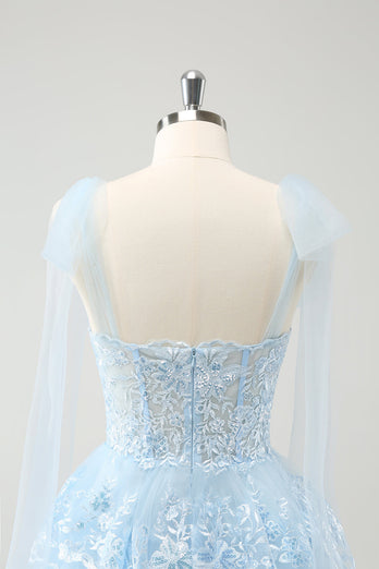 Glitter Blue A Line Embroidery Tiered Homecoming Dress with Appliques