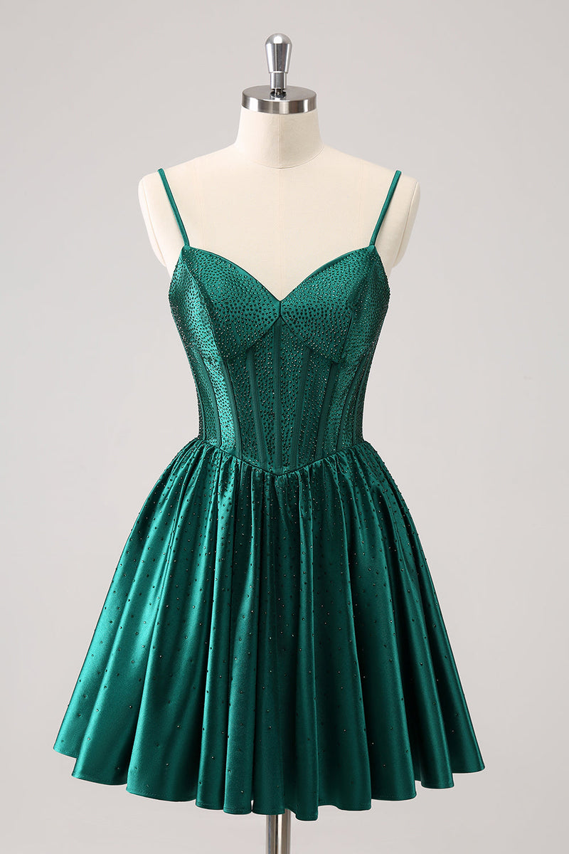 Load image into Gallery viewer, Dark Green A-Line Spaghetti Straps Corset Pleated Homecoming Dress