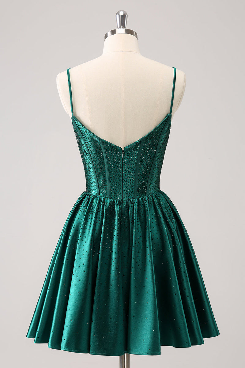 Load image into Gallery viewer, Dark Green A-Line Spaghetti Straps Corset Pleated Homecoming Dress