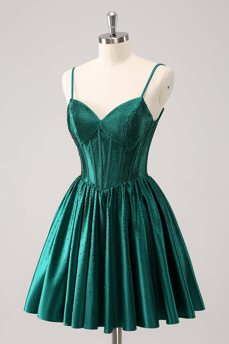 Load image into Gallery viewer, Dark Green A-Line Spaghetti Straps Corset Pleated Homecoming Dress