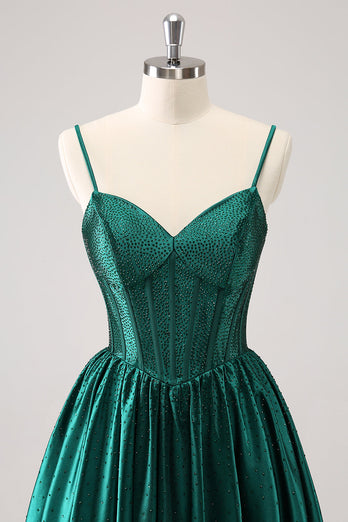 Dark Green A-Line Spaghetti Straps Corset Pleated Homecoming Dress