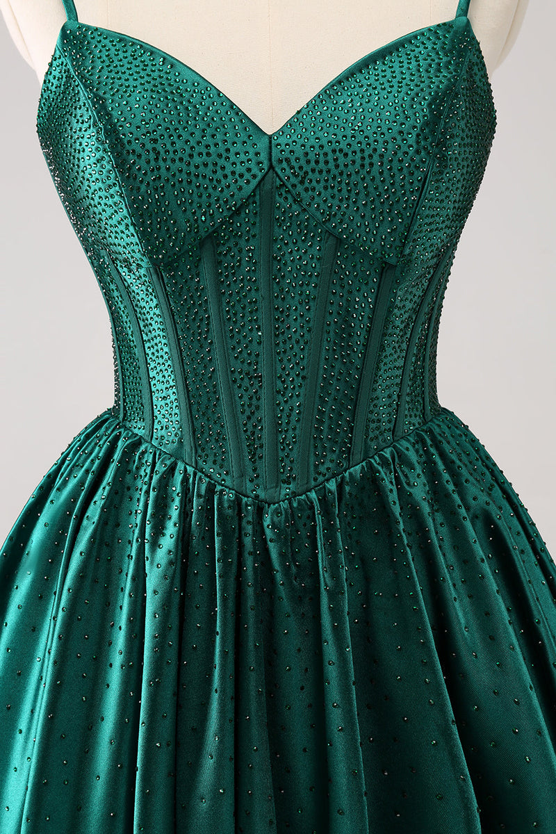 Load image into Gallery viewer, Dark Green A-Line Spaghetti Straps Corset Pleated Homecoming Dress