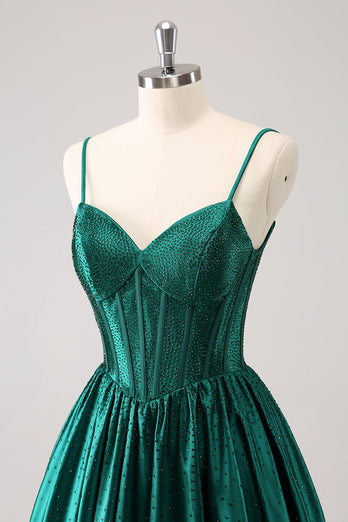 Dark Green A-Line Spaghetti Straps Corset Pleated Homecoming Dress