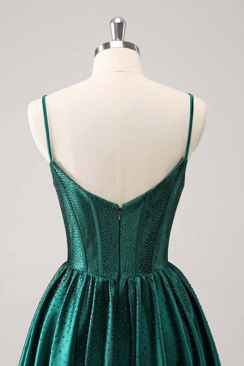 Load image into Gallery viewer, Dark Green A-Line Spaghetti Straps Corset Pleated Homecoming Dress