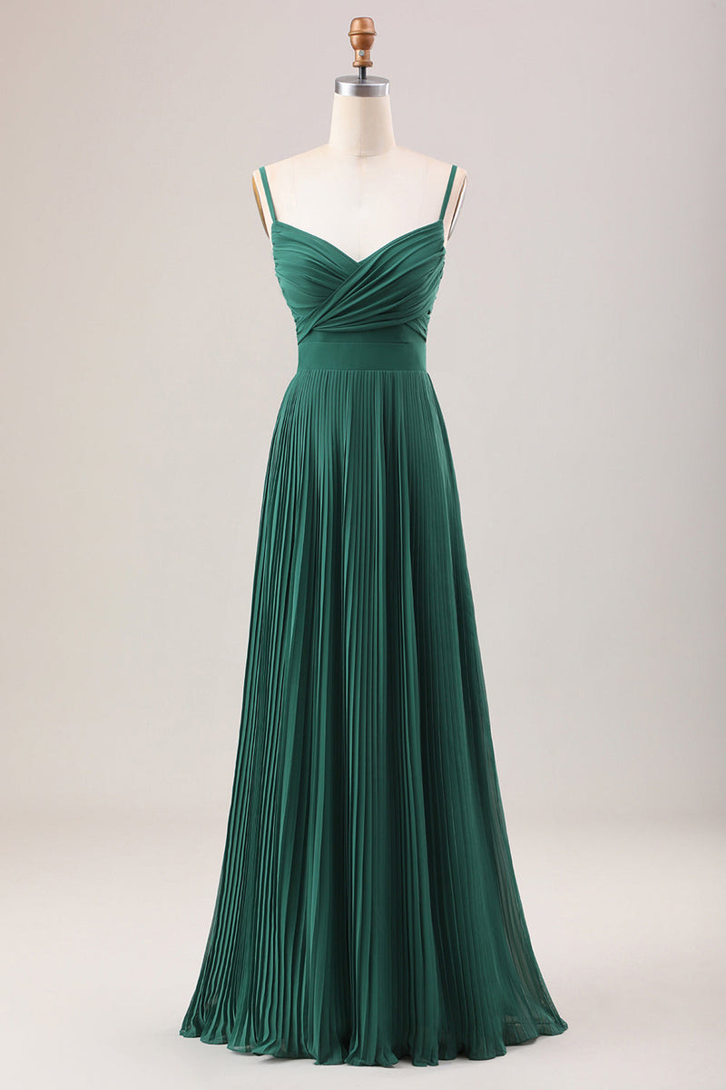 Load image into Gallery viewer, Dark Green A Line Spaghetti Straps Long Chiffon Bridesmaid Dress