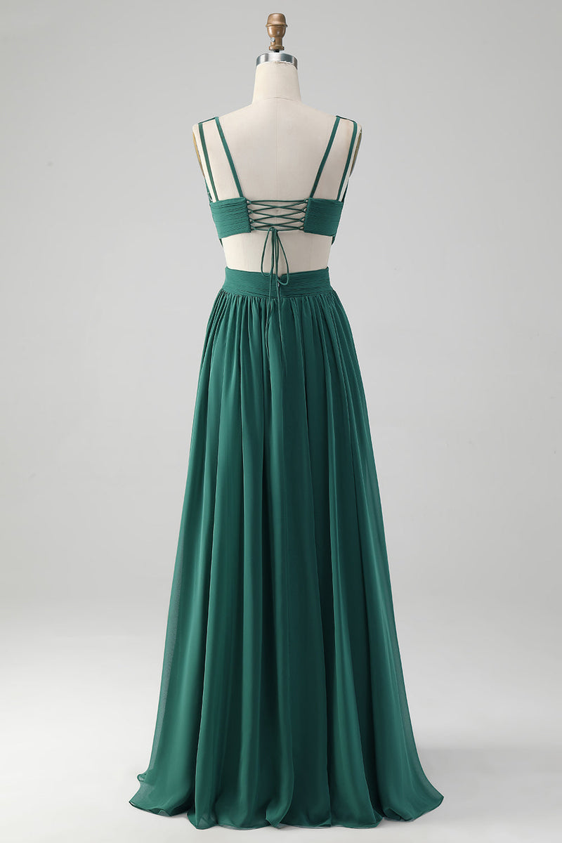 Load image into Gallery viewer, Dark Green A Line Chiffon Long Bridesmaid Dress with Lace Up Back