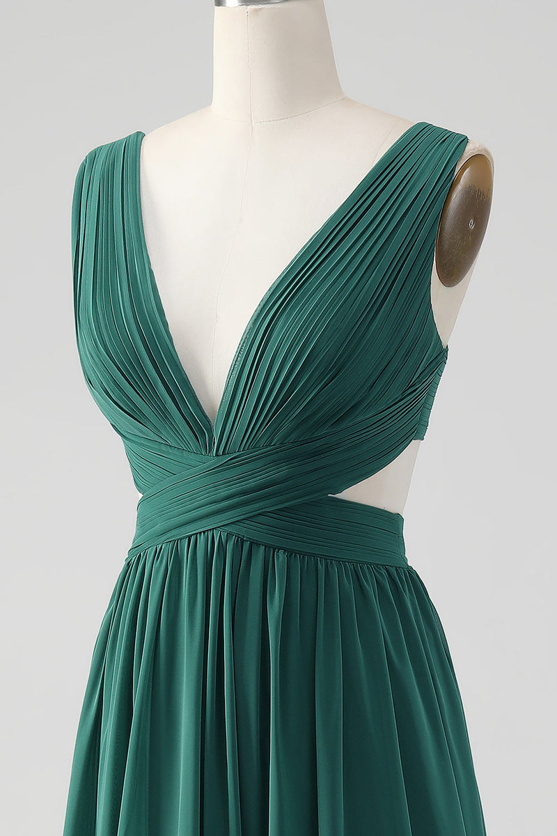 Load image into Gallery viewer, Dark Green A Line Chiffon Long Bridesmaid Dress with Lace Up Back