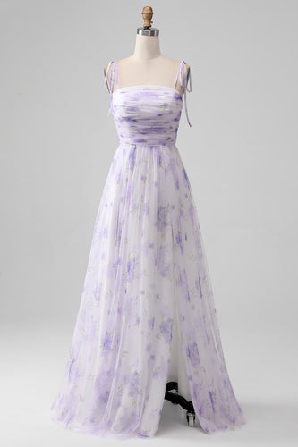 Lavender Flower Spaghetti Straps A Line Long Bridesmaid Dress with Slit