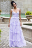 Load image into Gallery viewer, Lavender A Line Corset Spaghetti Straps Floral Tiered Wedding Party Dress