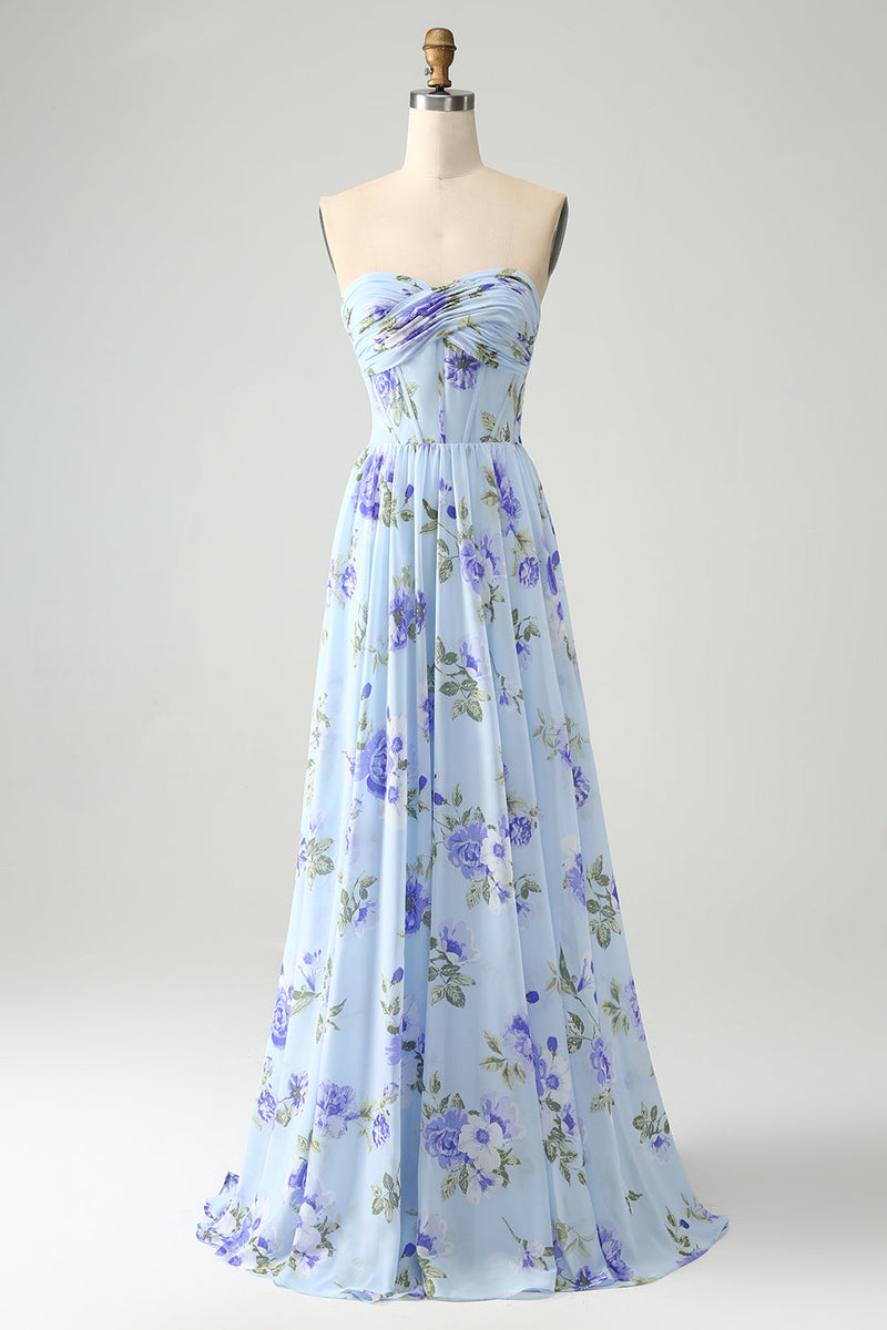 Load image into Gallery viewer, Blue Floral A Line Sweetheart Strapless Pleated Long Wedding Guest Dress