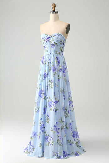 Blue Floral A Line Sweetheart Strapless Pleated Long Wedding Guest Dress