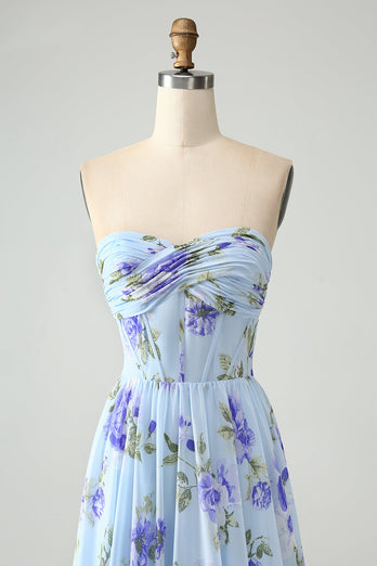 Blue Floral A Line Sweetheart Strapless Pleated Long Wedding Guest Dress