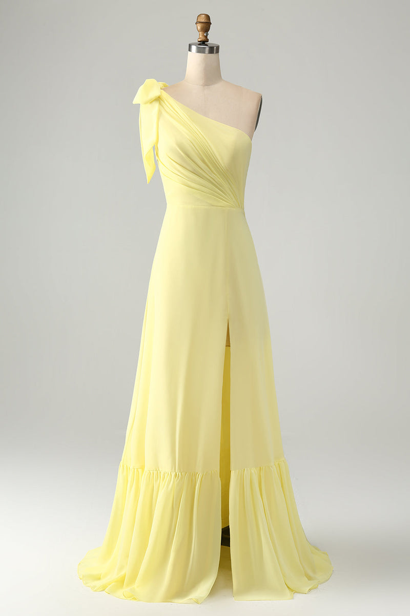 Load image into Gallery viewer, A Line One Shoulder Yellow Long Wedding Guest Dress with Slit