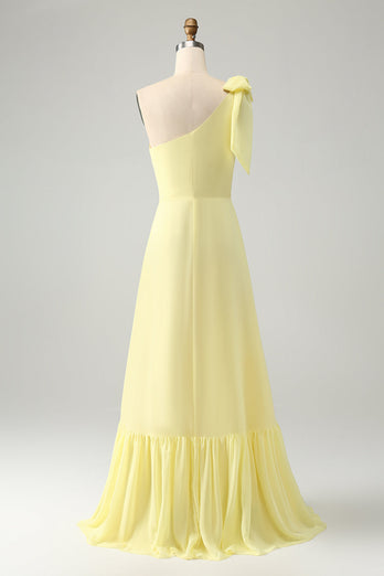 A Line One Shoulder Yellow Long Wedding Guest Dress with Slit