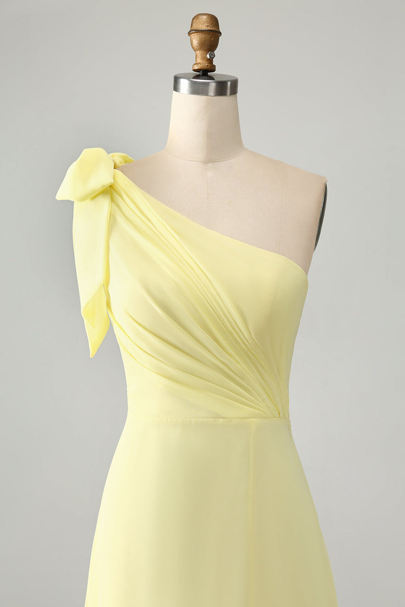 Load image into Gallery viewer, A Line One Shoulder Yellow Long Wedding Guest Dress with Slit