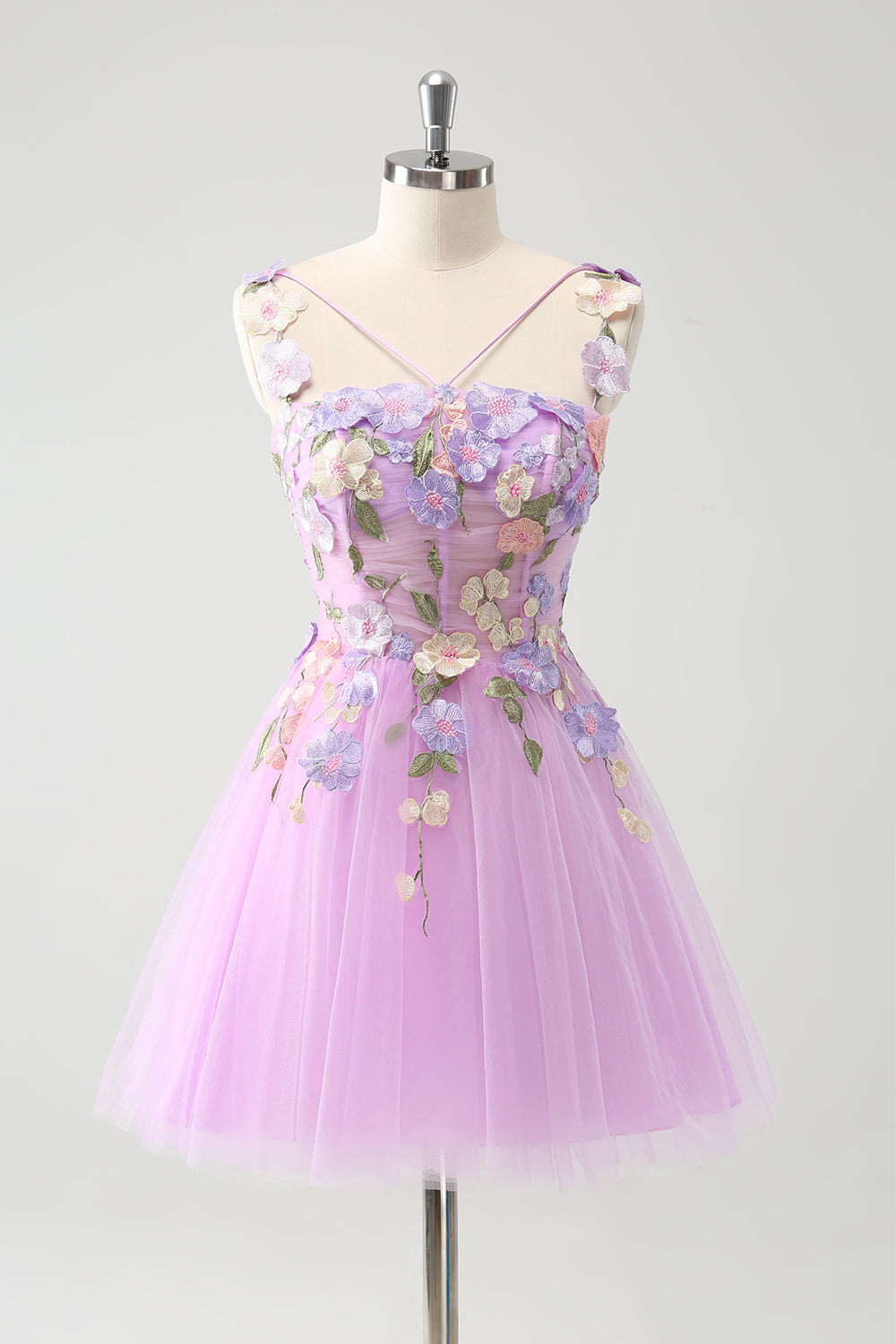 Purple A Line Halter Flowers Tulle Short Homecoming Dress