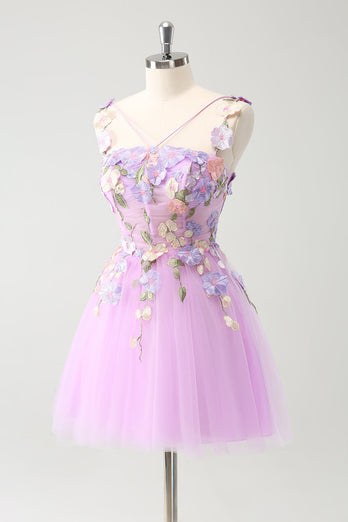 Purple A Line Halter Flowers Tulle Short Homecoming Dress