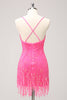 Load image into Gallery viewer, Sparkly Hot Pink Tight Sequins V Neck Homecoming Dress with Fringes