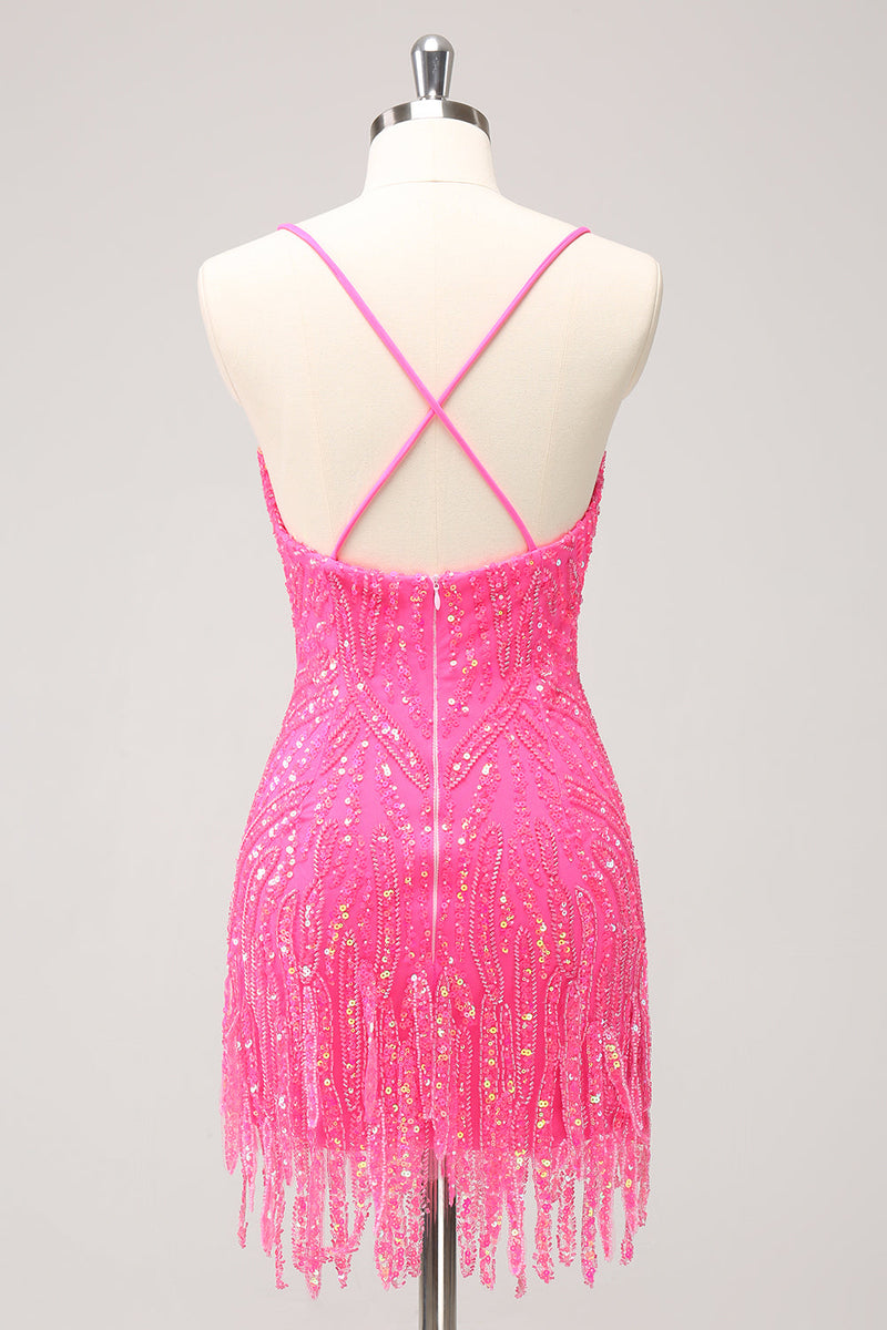 Load image into Gallery viewer, Sparkly Hot Pink Tight Sequins V Neck Homecoming Dress with Fringes