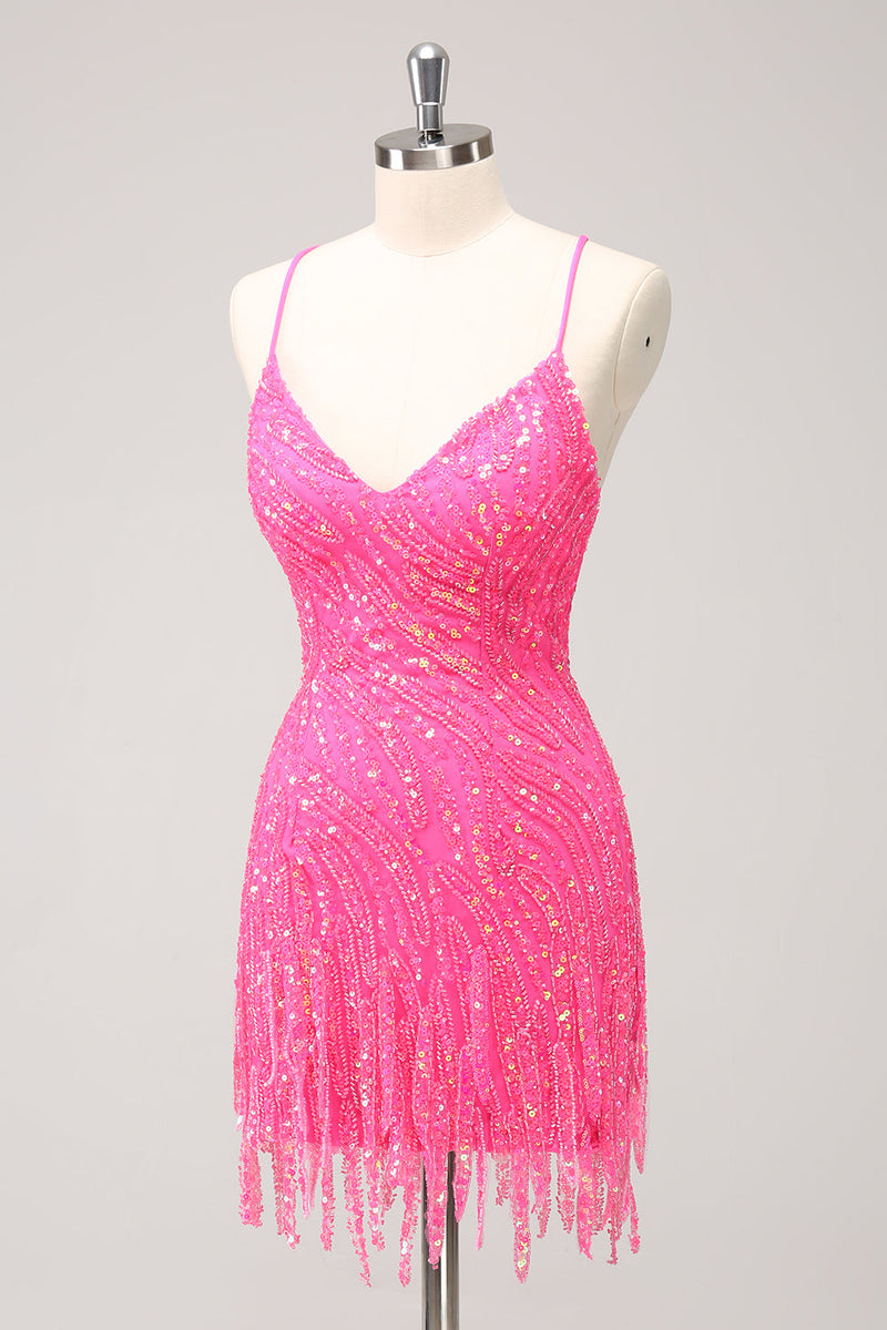 Load image into Gallery viewer, Sparkly Hot Pink Tight Sequins V Neck Homecoming Dress with Fringes