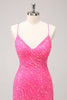 Load image into Gallery viewer, Sparkly Hot Pink Tight Sequins V Neck Homecoming Dress with Fringes