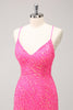 Load image into Gallery viewer, Sparkly Hot Pink Tight Sequins V Neck Homecoming Dress with Fringes