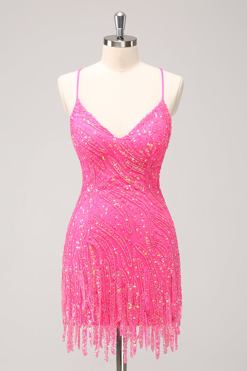 Load image into Gallery viewer, Sparkly Hot Pink Tight Sequins V Neck Homecoming Dress with Fringes