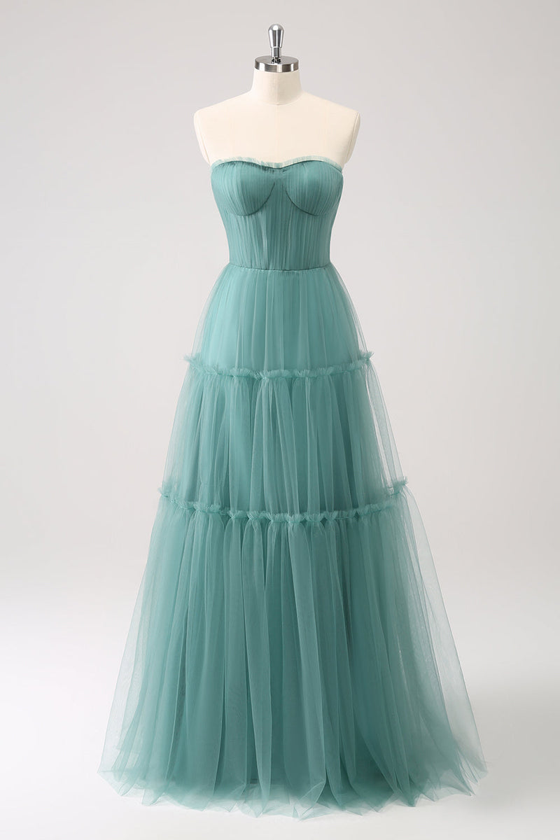 Load image into Gallery viewer, Eucalyptus Strapless Corset Tulle A-Line Bridesmaid Dress