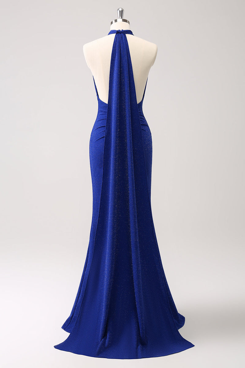 Load image into Gallery viewer, Glitter Blue Halter Bodycon Mermaid Bridesmaid Dress