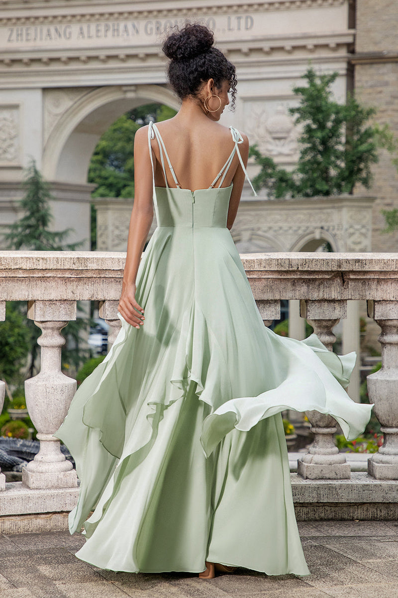 Load image into Gallery viewer, Matcha A Line Spaghetti Straps Long Bridesmaid Dress with Ruffles