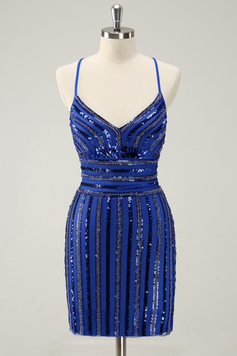 Load image into Gallery viewer, Sparkly Royal Blue Tight Sequined Spaghetti Straps Graduation Dress