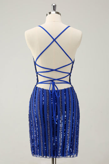 Sparkly Royal Blue Tight Sequined Spaghetti Straps Graduation Dress