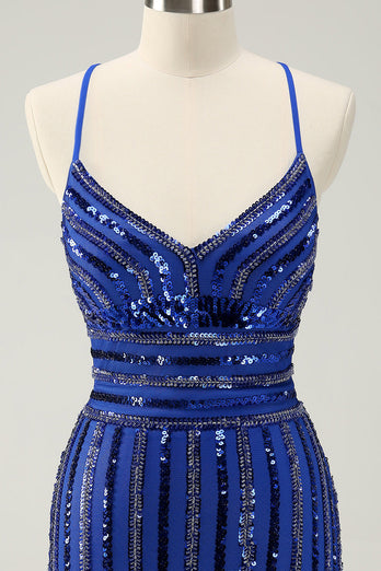 Sparkly Royal Blue Tight Sequined Spaghetti Straps Graduation Dress