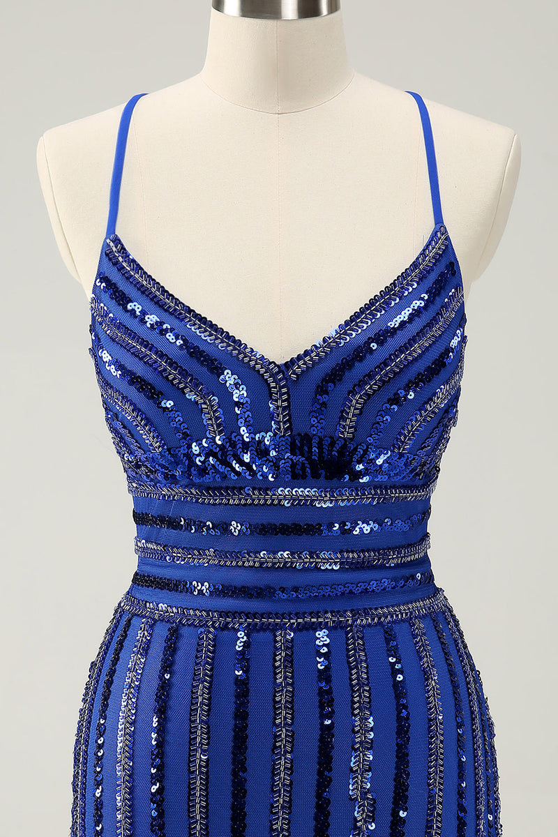 Load image into Gallery viewer, Sparkly Royal Blue Tight Sequined Spaghetti Straps Graduation Dress