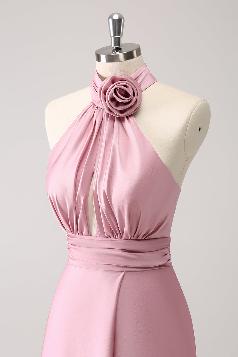 Load image into Gallery viewer, Pink Keyhole A-Line Satin Bridesmaid Dress with Slit