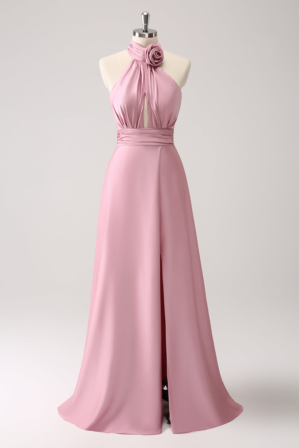 Pink Keyhole A-Line Satin Bridesmaid Dress with Slit