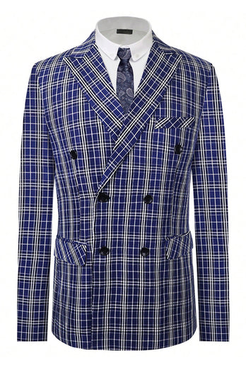 Royal Blue Plaid Peak Lapel Double Breasted 2 Piece Men's Suit