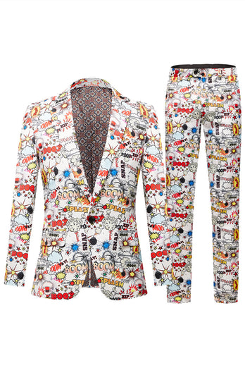 Notched Lapel White 2 Pieces Graffiti Print Men's Prom Suits