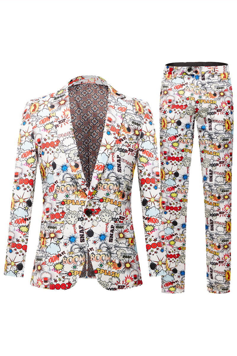 Load image into Gallery viewer, Notched Lapel White 2 Pieces Graffiti Print Men&#39;s Prom Suits