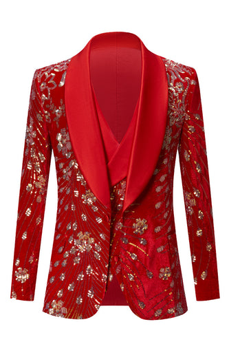 Shiny Sequins Red Jacket Lapel One Button Wedding Suit