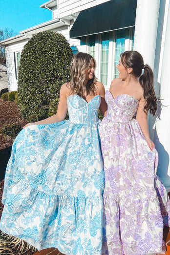 Chic Blue Corset Floral Sweetheart A Line Long Prom Dress