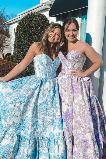 Chic Blue Corset Floral Sweetheart A Line Long Prom Dress