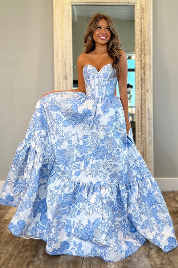 Chic Blue Corset Floral Sweetheart A Line Long Prom Dress