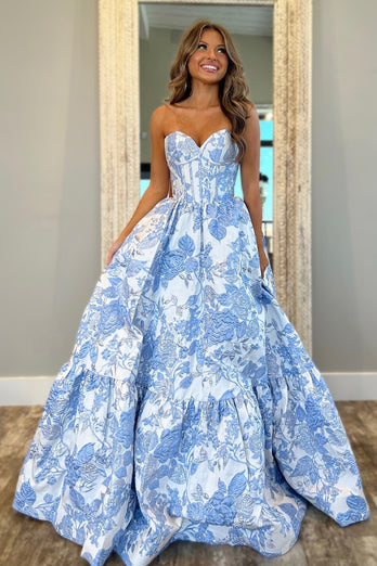 Chic Blue Corset Floral Sweetheart A Line Long Prom Dress