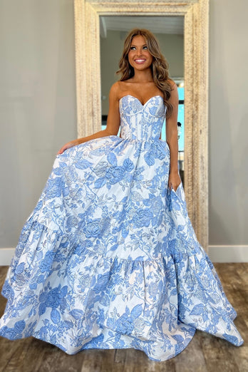 Chic Blue Corset Floral Sweetheart A Line Long Prom Dress