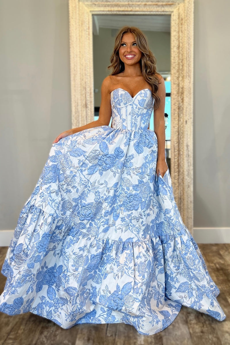 Load image into Gallery viewer, Chic Blue Corset Floral Sweetheart A Line Long Prom Dress